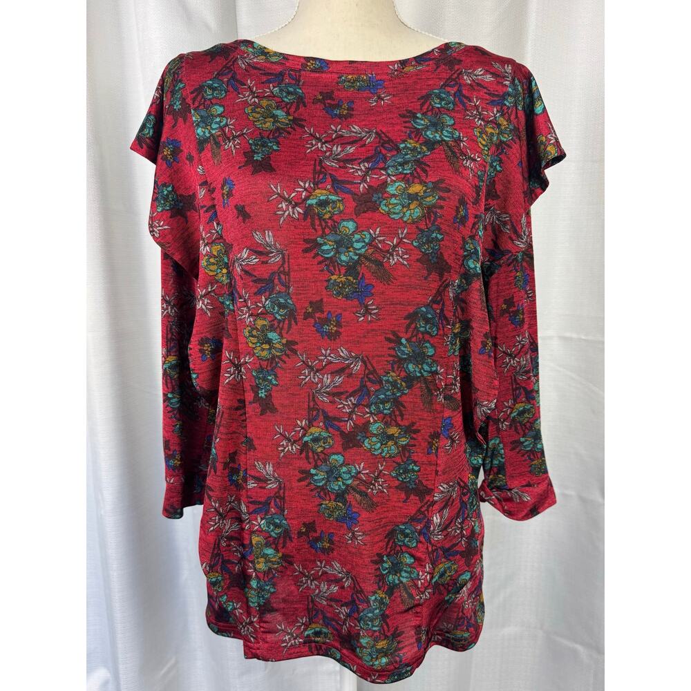 Free People Dock Street Blouse XS Red Floral Boho Ruffle Slouchy Top - Picture 3 of 9